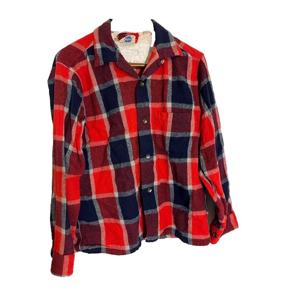 VTG Pilgrim Men's Red Flannel Loop Collar 50s 60s Wool Blend Shirt Sz L